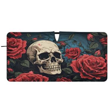 Imagem de CEBUGI Para-brisa de carro dobrável sombra de sol desenho animado crânio e rosas persianas de janela de carro guarda-chuva pára-brisa frontal para acessórios de carro bloqueador solar refletivo de