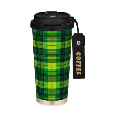 Imagem de YETTASBIN Caneca de café Buffalo Plaid com isolamento térmico de 482 g com tampa canudo, copo à prova de derramamento e vazamento com alça para bebida quente e fria, garrafa de água de aço inoxidável