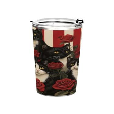 Imagem de STAYTOP Copo de aço inoxidável de gato fofo para Dia dos Namorados, 368 g, copo de café isolado com tampa e canudo, caneca de café de viagem de parede dupla para bebidas quentes e frias
