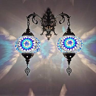 Imagem de Luminária de parede turca com 2 lâmpadas, estilo marroquino com mosaico, arandela boêmia tradicional para cabeceira, ideal para sala de estar, quarto, corredor, varanda, café ou bar.