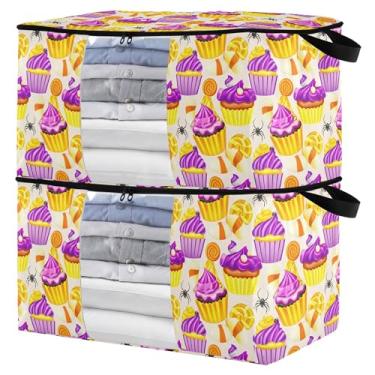 Imagem de Burbuja Bolsa de armazenamento de roupas para cupcakes de Halloween com tampas e alça, embalagem com 2 recipientes de armazenamento dobráveis com zíper resistente e janela transparente para armário de