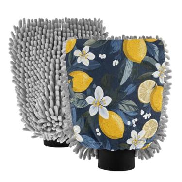 Imagem de STAYTOP Luvas de lavagem de carro de limão e flores, 2 peças, luvas de microfibra de chenille, sem arranhões, panos de esponja de lavagem ultra absorventes para carros, limpeza doméstica - G