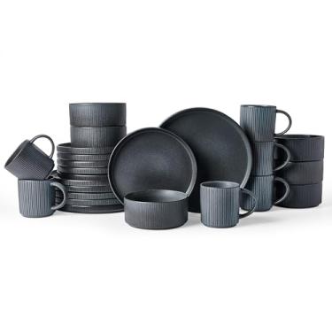 Imagem de Famiware Conjunto de louça Star com canecas, serviço para 6 (24 peças), pratos e tigelas de grés canelados, resistente a lascas e arranhões, seguro para micro-ondas e lava-louças, carvão escuro fosco
