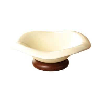 Imagem de Fruteira Fruteira de formato irregular com base de madeira e acabamento em cerâmica brilhante, ideal para servir na cozinha e sala de estar. Decoração de mesa(Branco)