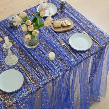 Imagem de Horaldaily Toalha de mesa retangular de gaze dourada azul royal, 152 x 354 cm, folha metálica com glitter de lantejoulas douradas, gaze de tule transparente para casamento, chá de bebê, cerimônia de