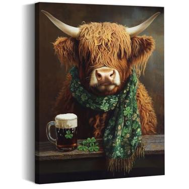 Imagem de Arte de parede engraçada de vaca highland para cozinha, gado, bebendo, cerveja, bar, carrinho, pintura de imagem, decoração de parede, vestindo um cachecol de trevo animais de fazenda impressão de