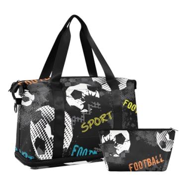 Imagem de Bolsa feminina Grunge Football Arrow para passar a noite à prova d'água, bolsa de tênis de corrida feminina com separação seca e molhada, Futebol Grunge preto, One Size