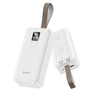 Imagem de Basike Power Bank, Carregador Portátil Universal 30000mAh, USB-A(até 22.5W)+USB-C(até PD20W), com 2 Cabos Integrados (USB-C, Lightning) Carregamento Rápido (Branco, Milliamp Hours, 30000)