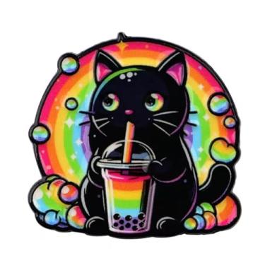 Imagem de Gato arco-íris com broche de esmalte Boba Tea, gato preto com fundo arco-íris, 3,5 x 3,5 cm, 6 g