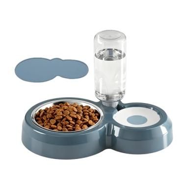 Imagem de TANXIC Tigelas duplas para cães e gatos, conjunto de tigela de comida e água para animais de estimação com dispensador automático de água e tigela de aço inoxidável, tapete de silicone para cães