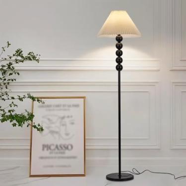 Imagem de Luminária de chão clássica preta com tecido plissado, estilo minimalista moderno, ideal para leitura no sofá, perfeita para quartos, salas de estar e escritórios. Base de mármore.