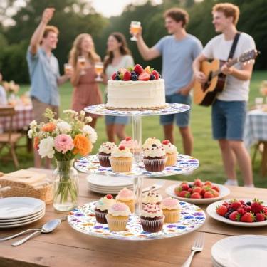 Imagem de Aquarela flores silvestres colorido chá festa cupcake suporte 3 camadas copo bolo torre exibição acrílico colorido sobremesa decoração cupcakes suporte comida aniversário