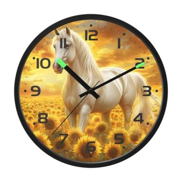 Imagem de SEHANY Relógio de parede artístico majestoso cavalos silencioso, sem tique-taque, relógio redondo operado por bateria, controle de som, luz noturna, relógios de parede para sala de estar, cozinha