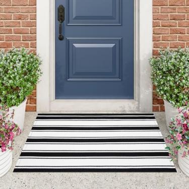 Imagem de Collive Tapete de boas-vindas preto e branco, tecido à mão, de algodão, listrado, para varanda ao ar livre, 5 x 9 cm, lavável à máquina, reversível, tapete moderno em camadas para entrada de casa de