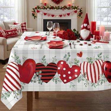Imagem de Dolficy Toalha de mesa de dia dos namorados 152 x 213 cm, decoração xadrez buffalo, para mesa de casa, retângulo, toalha de mesa de poliéster para decoração de coração vermelho para piquenique, festa