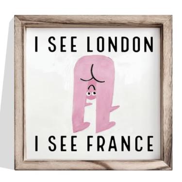 Imagem de Decoração de parede de banheiro, I See London I See France Placa de personagem rosa engraçada, arte de parede de madeira emoldurada para banheiro ou lavabo, destaque peculiar de casa