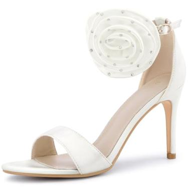Imagem de Perphy Sandálias femininas de salto agulha de cetim com tira no tornozelo floral, Branco, 36