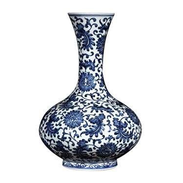 Imagem de Vaso de flores retrô pintado à mão vaso de porcelana azul e branco vaso de cerâmica 13,4 polegadas para decoração de mesa vaso para flores (A)