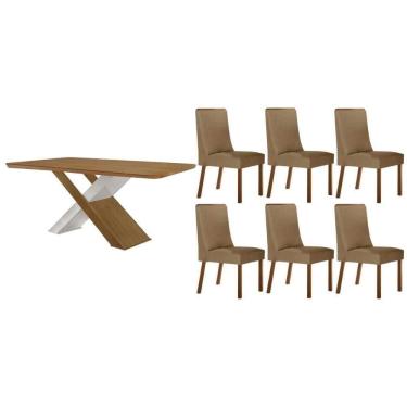 Imagem de Sala Jantar Mesa Imperatriz Tampo Curvo 180cm+6 Cadeiras Dakota Madeira Naturale/Off Wite - Capuccino/Linho Bege - Rufato