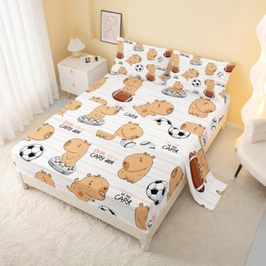 Imagem de AILONEN Jogo de lençol casal com desenho animado de capivara, tema esportivo de rúgbi de futebol fofo, para meninos e meninas, 1 lençol de cima, 1 lençol com elástico + 2 fronhas, 4 peças