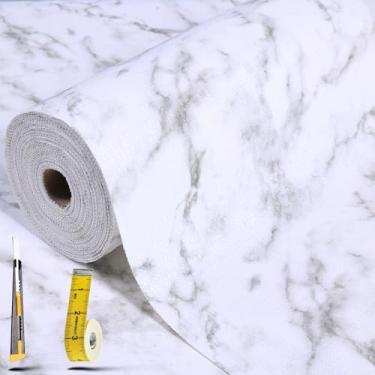 Imagem de Forro de prateleira e gaveta, camada dupla de PVC de 30,5 x 3 m, antiderrapante, impermeável, padrão de mármore para armários de cozinha, despensa, banheiro, cômoda com faca e fita métrica