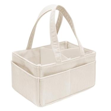 Imagem de Organizador de fraldas para bebês, cesta portátil de armazenamento de fraldas de veludo cotelê com alça, cesta de armazenamento de fraldas para recém-nascidos essenciais e estação de fraldas