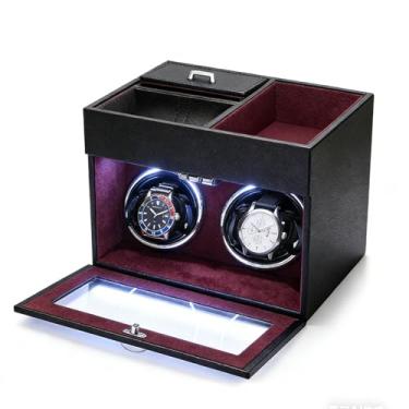 Imagem de J&T Technology Enrolador de relógio duplo com bandeja organizadora de joias masculinas, enrolador de relógio com luz de fundo de LED, motor Mabuchi super silencioso (preto + vermelho)