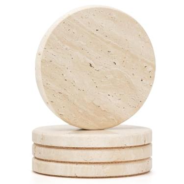 Imagem de YONGHEE Conjunto de 4 porta-copos de travertino, porta-copos rústicos de mármore de estilo neutro para decoração de mesa de café, porta-copos absorvente de pedra natural porosa redonda de 10 cm