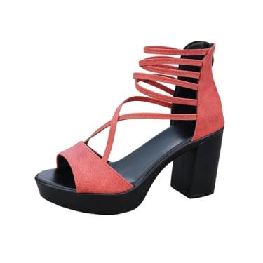 Imagem de Sandálias femininas de salto alto plataforma Peep Toe 8,5 cm salto casual verão sapatos PU superior, Vermelho melancia, 34