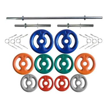 Imagem de Kit de Anilhas Emborrachadas e Barras Fitness - Ótima Qualidade - 2M