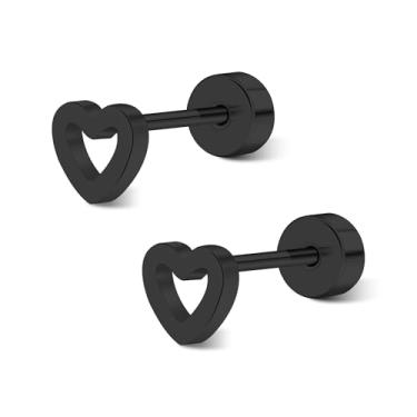 Imagem de Rocemuti Brincos de coração de titânio para mulheres, brincos de coração minimalistas hipoalergênicos, brincos de orelha de coração planos leves em ouro, prata, preto, rosa, 5mm, Titânio, Sem pedra