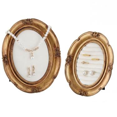 Imagem de Wonderjune 2 peças de suporte de exibição de joias de ouro vintage colar organizador de anel suporte de brinco bandeja de resina joias fotografia adereços moldura com suporte de veludo para presentes