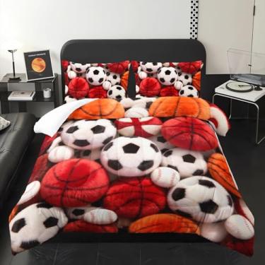 Imagem de lneffble Jogo de cama de solteiro com estampa de futebol e basquete, para quarto de meninos, com 1 edredom com 2 fronhas, temática esportiva, decoração de quarto para meninos adolescentes