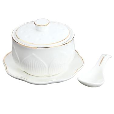 Imagem de Cabilock Conjunto de tigela de ensopado de cerâmica com tampa pequena panela de sopa para cozinhar a vapor tigelas de sopa de cerâmica com colher e sobremesas