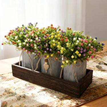 Imagem de CANCLEAR Peça central de mesa de buquê de flores artificiais de Milão, decoração de mesa de vaso de 3 metais em bandeja de madeira, arranjo realista de flores para respiração de bebê, decoração de