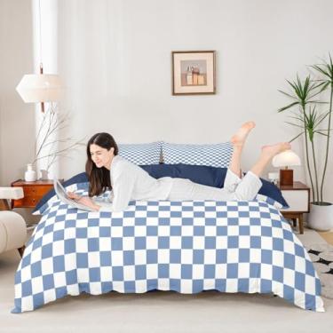Imagem de Manfei Capa de edredom tamanho solteiro azul e bege, geométrico, búfalo, quadriculado, xadrez, xadrez para todas as estações, conjunto de cama de malha simples, quadriculado abstrato, sem edredom