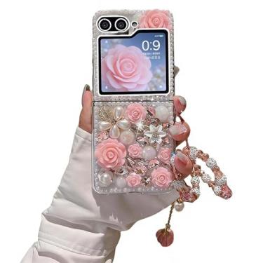 Imagem de Capa para Samsung Galaxy Z Flip 5 Glitter Bling Case, Cute Luxury 3D Sparkle Crystal Rhinestone Flowers Diamond Pearl Gems with Lanyard Wrist Strap Women Girls Phone Case for Galaxy Z Flip 5 5G