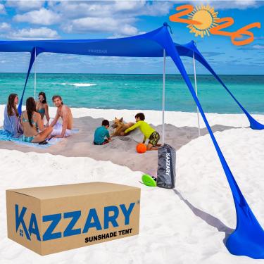 Imagem de KAZZARY Toldo para barraca de praia – proteção solar pop-up para quintal externo FPS 50 proteção UV, leve, 4 postes de alumínio altos portáteis e flexíveis para abrigo da família (azul brilhante, 3 x 3 metros, 4 postes)