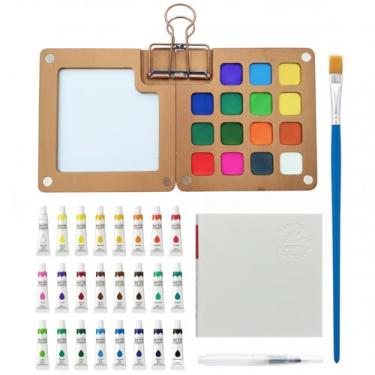 Imagem de Mini conjunto de tinta aquarela, kit de pintura de viagem, suprimentos de arte de bolso com 24 cores, bloco de papel de tinta, canetas e clipes de pincel de água para iniciantes, adultos e esboços ao