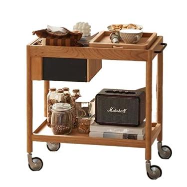 Imagem de Mesa lateral estreita moderna com rodas, mesa de canto móvel com prateleira de armazenamento e cesta de armazenamento interna para espaços pequenos, mesa de madeira com bandeja deslizante e removível