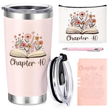 Imagem de Qtencas Presentes de aniversário de 40 anos, capítulo 40, copo isolado de 590 ml com tampa e canudo, bolsa de maquiagem, caderno e caneta esferográfica, presentes de aniversário de 40 anos para irmãs