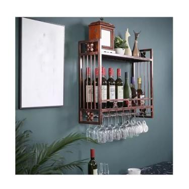 Imagem de Garrafas de vinho industriais montadas na parede, rack de vinho suspenso barra de 2 camadas para sala de jantar, cozinha de bar de casa, decoração de sala de estar (cor: marrom, tamanho: 120 x 22 cm)
