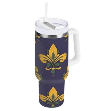 Imagem de Blueangle Copo isolado para Mardi Gras de 1,134 g com alça e tampa de palha, caneca de viagem reutilizável de aço inoxidável (110)