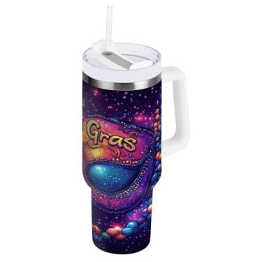 Imagem de Blueangle Copo isolado de máscara colorida Mardi Gras de 1,134 g com alça e tampa de palha, caneca de viagem reutilizável de aço inoxidável (140)