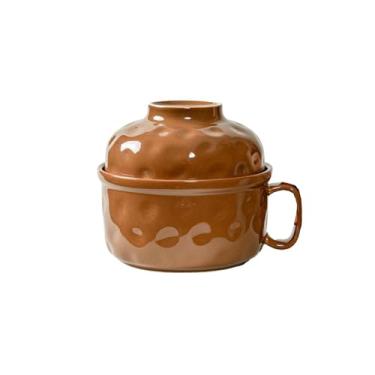 Imagem de Tigela de macarrão instantâneo de cor creme de cerâmica com tampa, tigela de sopa de mesa fresca e requintada marrom leite 15 cm