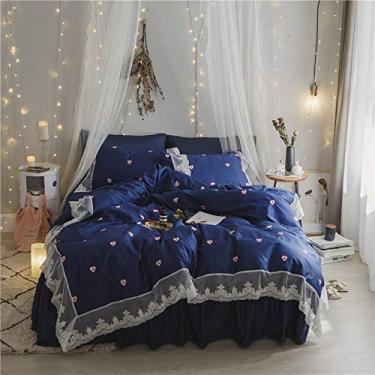 Imagem de Conjunto de fronhas de lençol de cama de linho de cama de renda preta com bordado de coração para meninas 3 Queen Size B 4 peças (1 Queen Size B 4 peças)