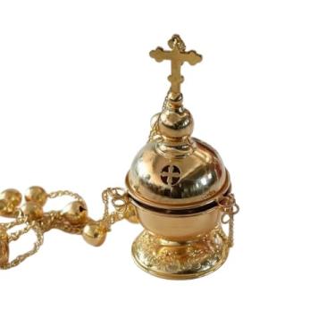 Imagem de RZRHMUHN Incensário para pendurar incenso ortodoxo oriental, incensário religioso de liga de zinco dourado com design de cruz ortodoxa, corrente e sinos para adoração na igreja, rituais religiosos