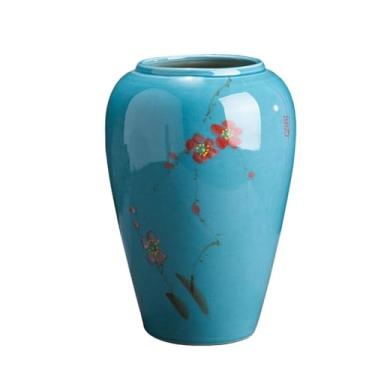 Imagem de Vaso de ameixa azul de cerâmica retrô moderno pintado com flores pintadas, arte floral, enfeite de bancada, pote de barro, centros de mesa de porcelana