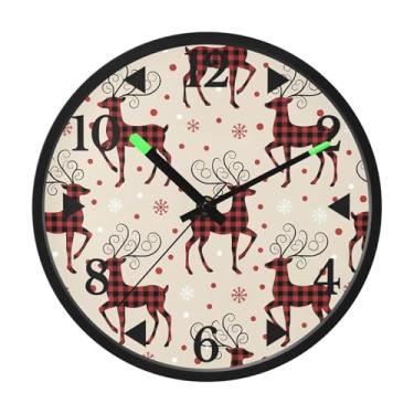 Imagem de STAYTOP Relógio de parede LED de alce xadrez vermelho para quarto com brilho noturno, relógios de parede silenciosos de 30 cm para decoração de sala de estar, controle de som, relógio de parede