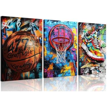 Imagem de Conjunto de 3 peças de arte de parede em tela de grafite de basquete, decoração de parede, estilo urbano, cesta de basquete, estampa motivacional, estética, pintura, artwrok, para quarto, sala de